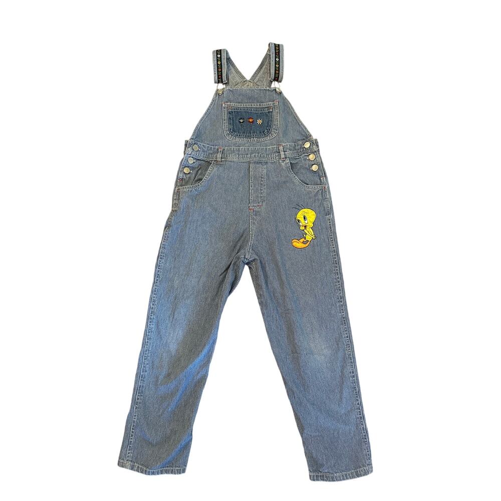 Girls 1998 12 Looney Tunes Blue Railroad Cotton Pinstripe Overalls Tweety Bird